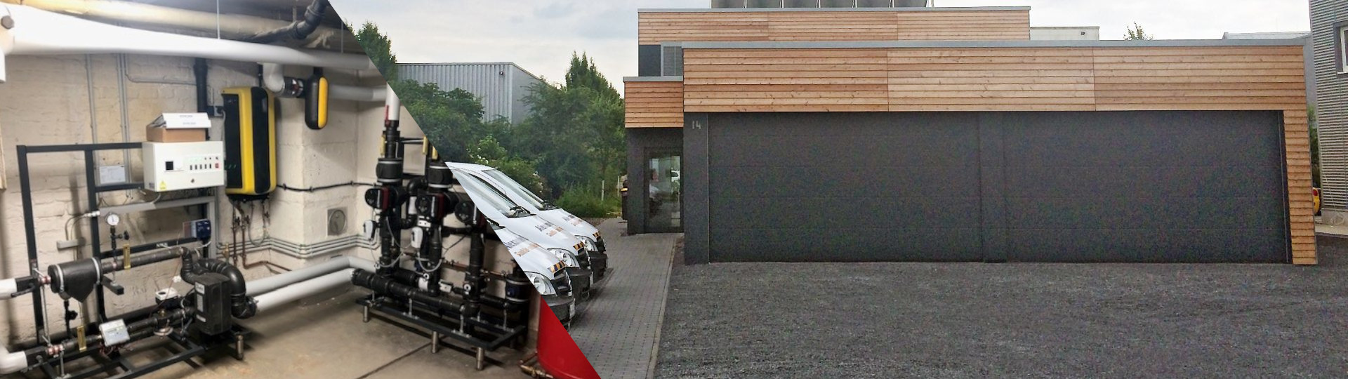Links Heiztechnik mit Versorgungsleitungen und Fahrzeugen, rechts modernes Wohnhaus mit breitem, dunklem Garagentor und Holzfassade.